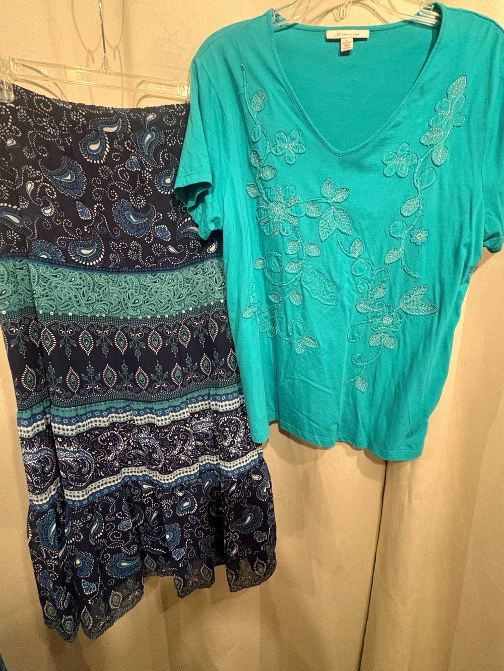 JM Collection Teal Embroidered V-Neck Top with Navy Paisley Maxi Skirt